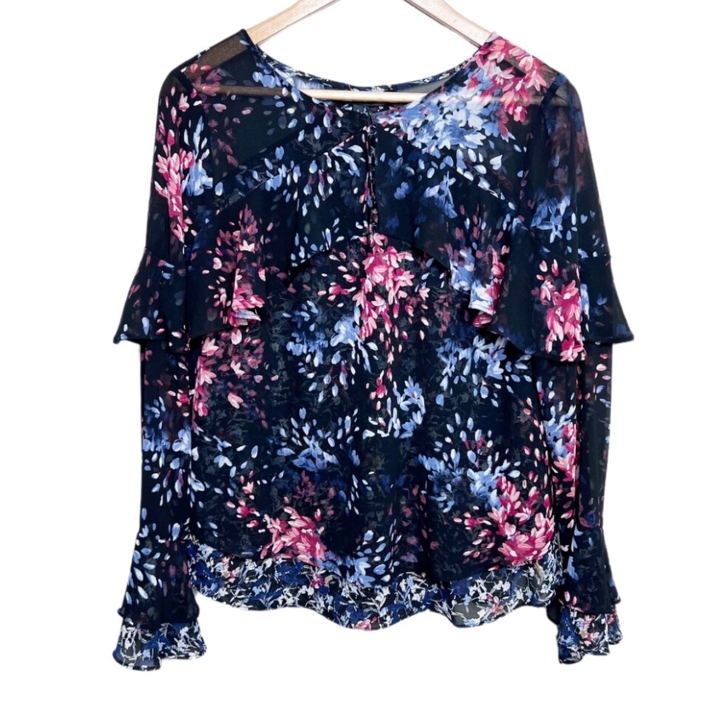 White House Black Market Floral Ruffle Sheer‎ Long Bell Sleeve Blouse Top Women